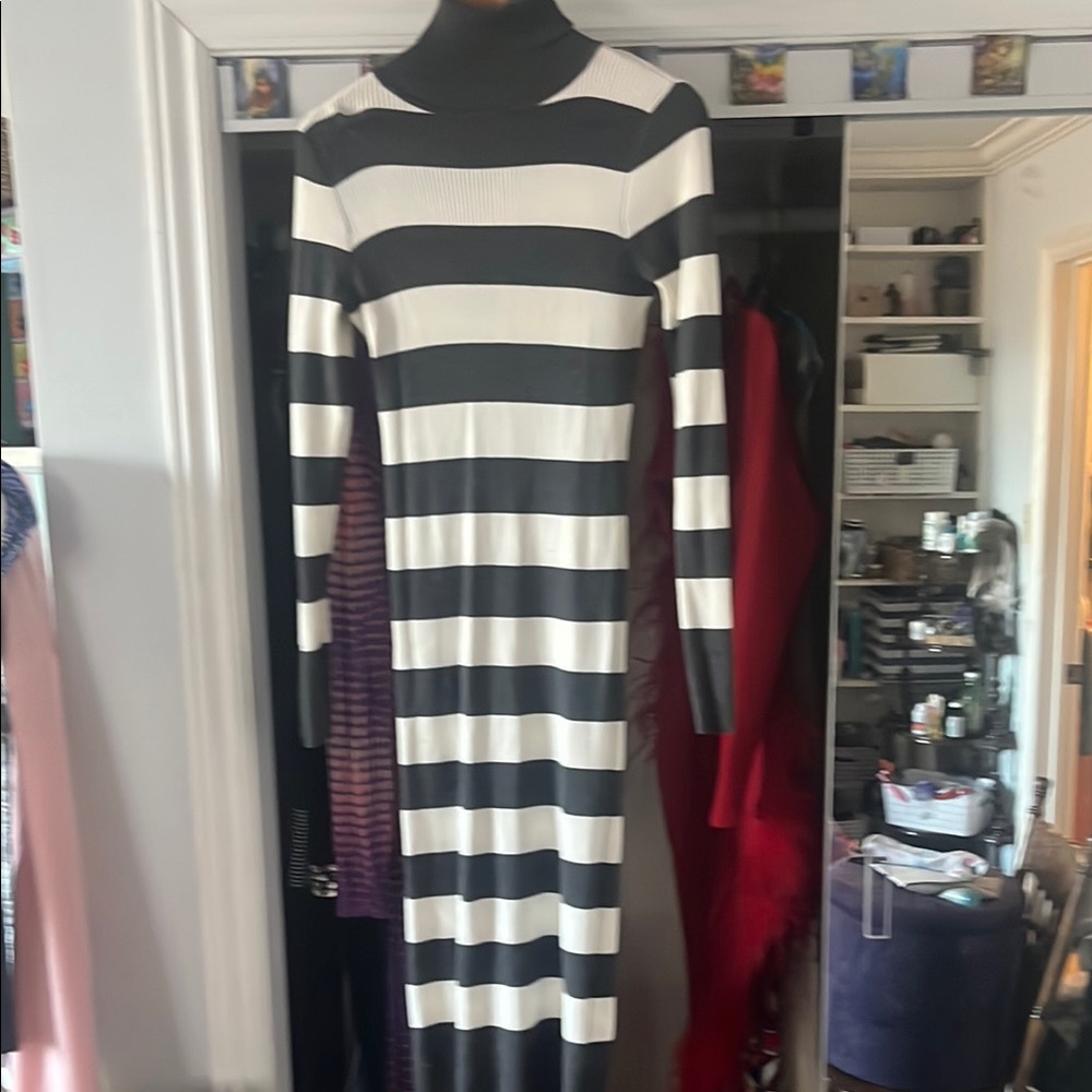 Black and White Striped Turtleneck Dress